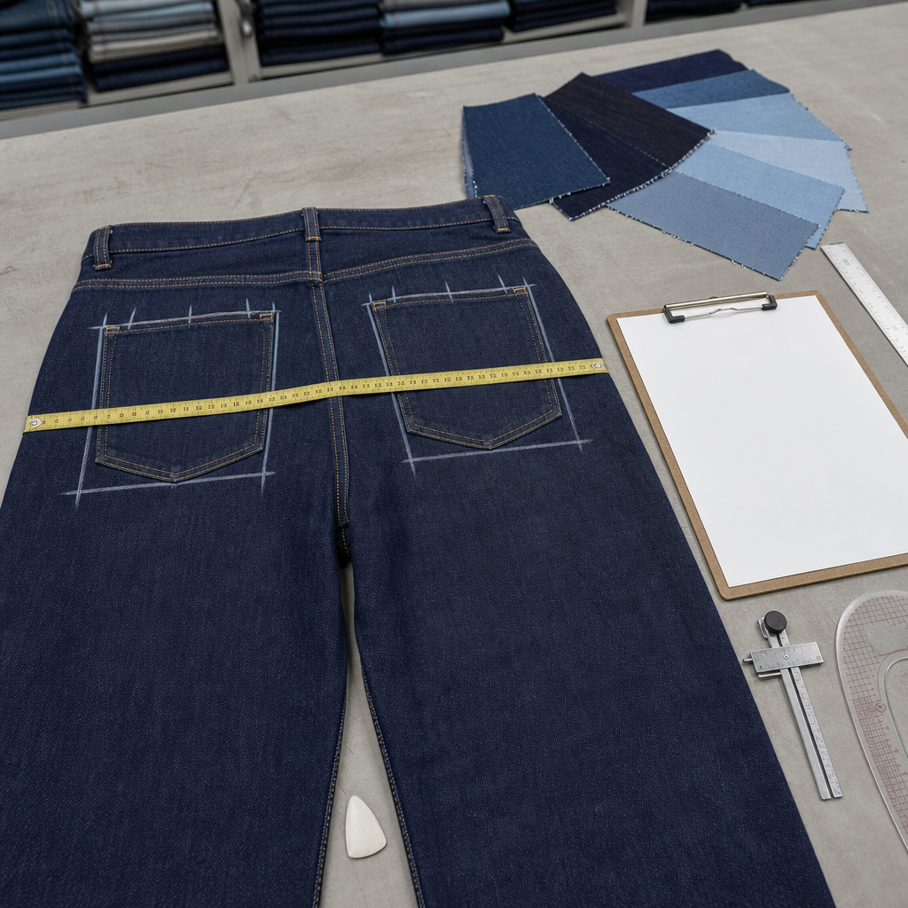 Custom jeans sample with back pocket placement marks, tape measure, denim swatches, spec sheet, and QC tools