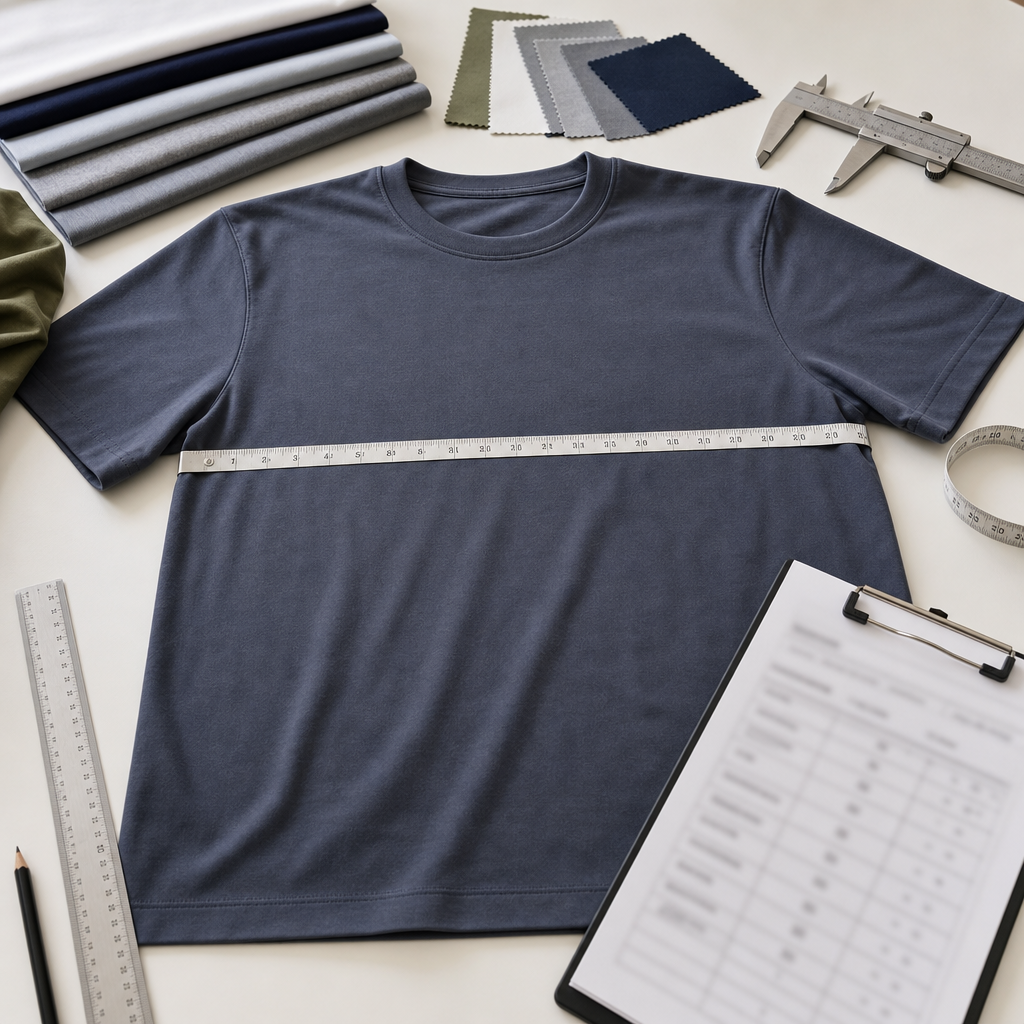 T-shirt sample measured with tape and quality control tools for garment tolerance review