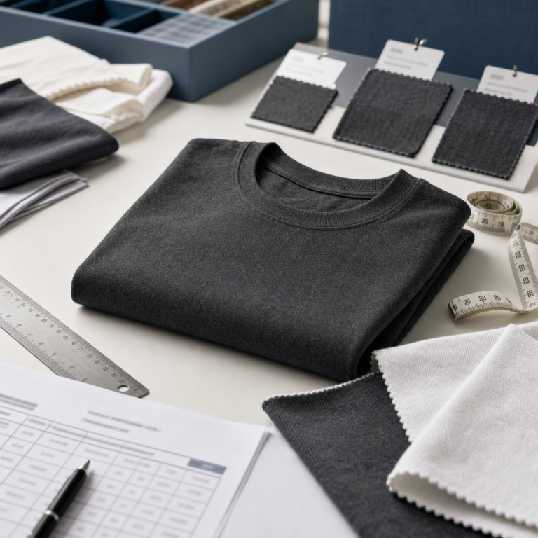 Heavyweight T-shirt sample, fabric swatches, tape measure, and shrinkage testing worksheet on a garment QC table