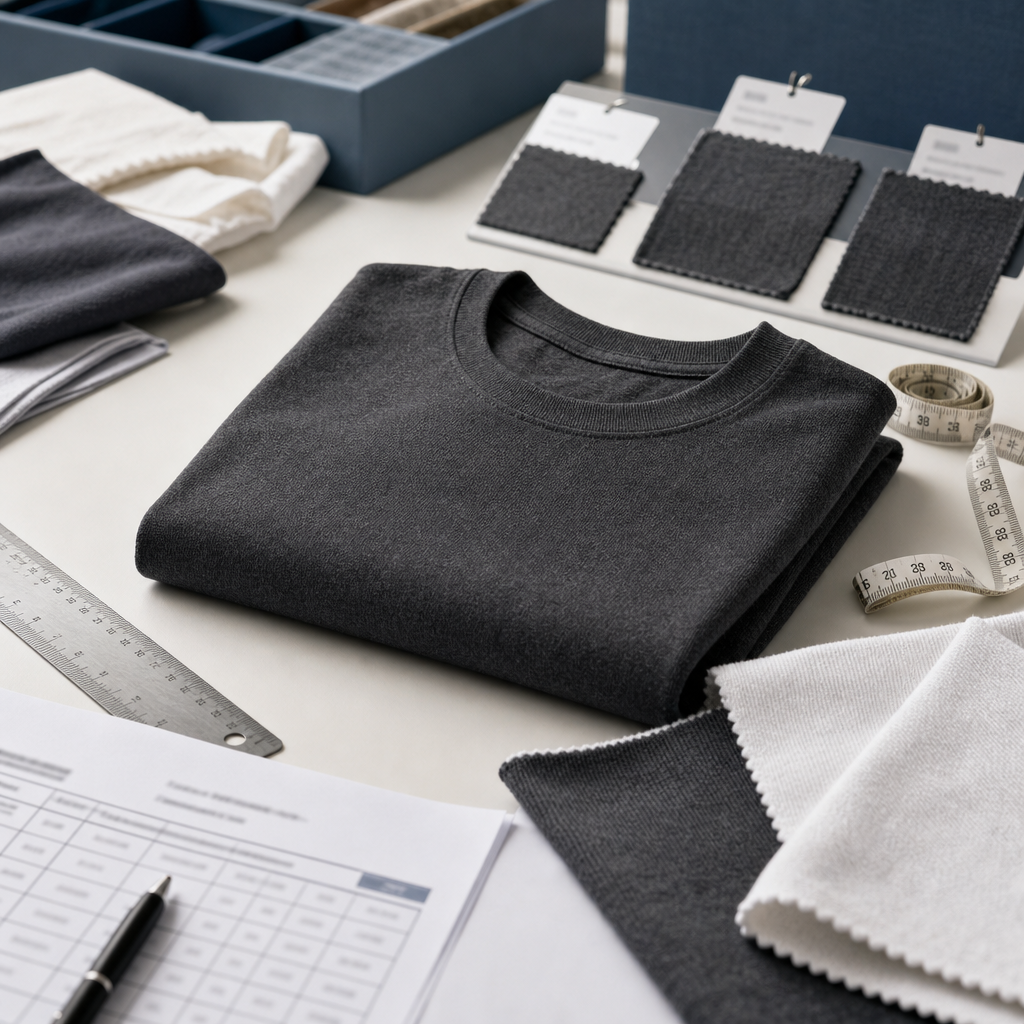 Heavyweight T-shirt sample, fabric swatches, tape measure, and shrinkage testing worksheet on a garment QC table