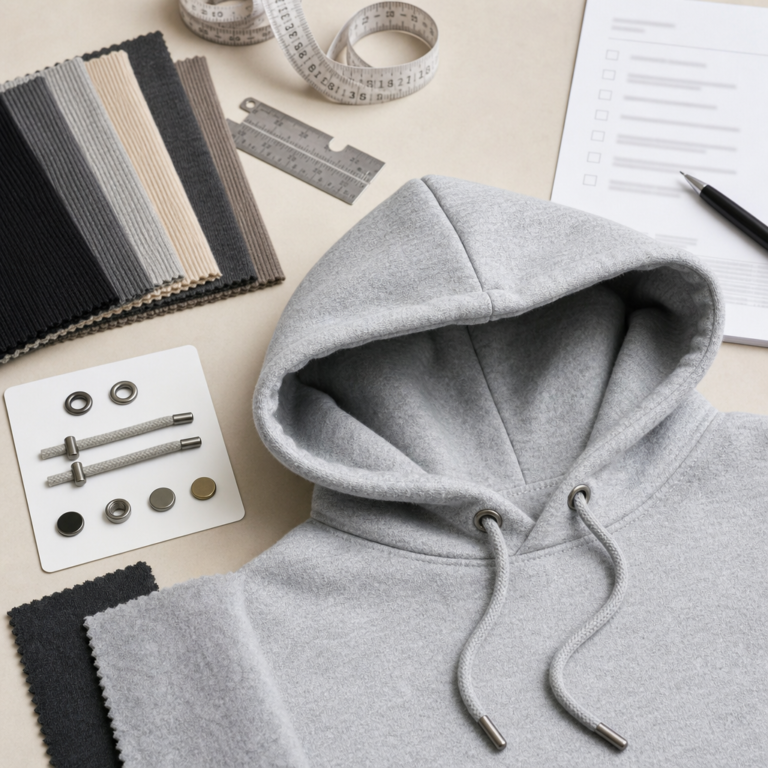 Hoodie sample with drawcords, metal eyelets, aglet ends, fabric swatches, tape measure, and QC checklist