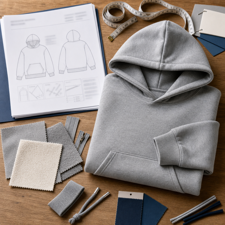 Hoodie sample, fabric swatches, trims, and measuring tape arranged for low MOQ tech pack review