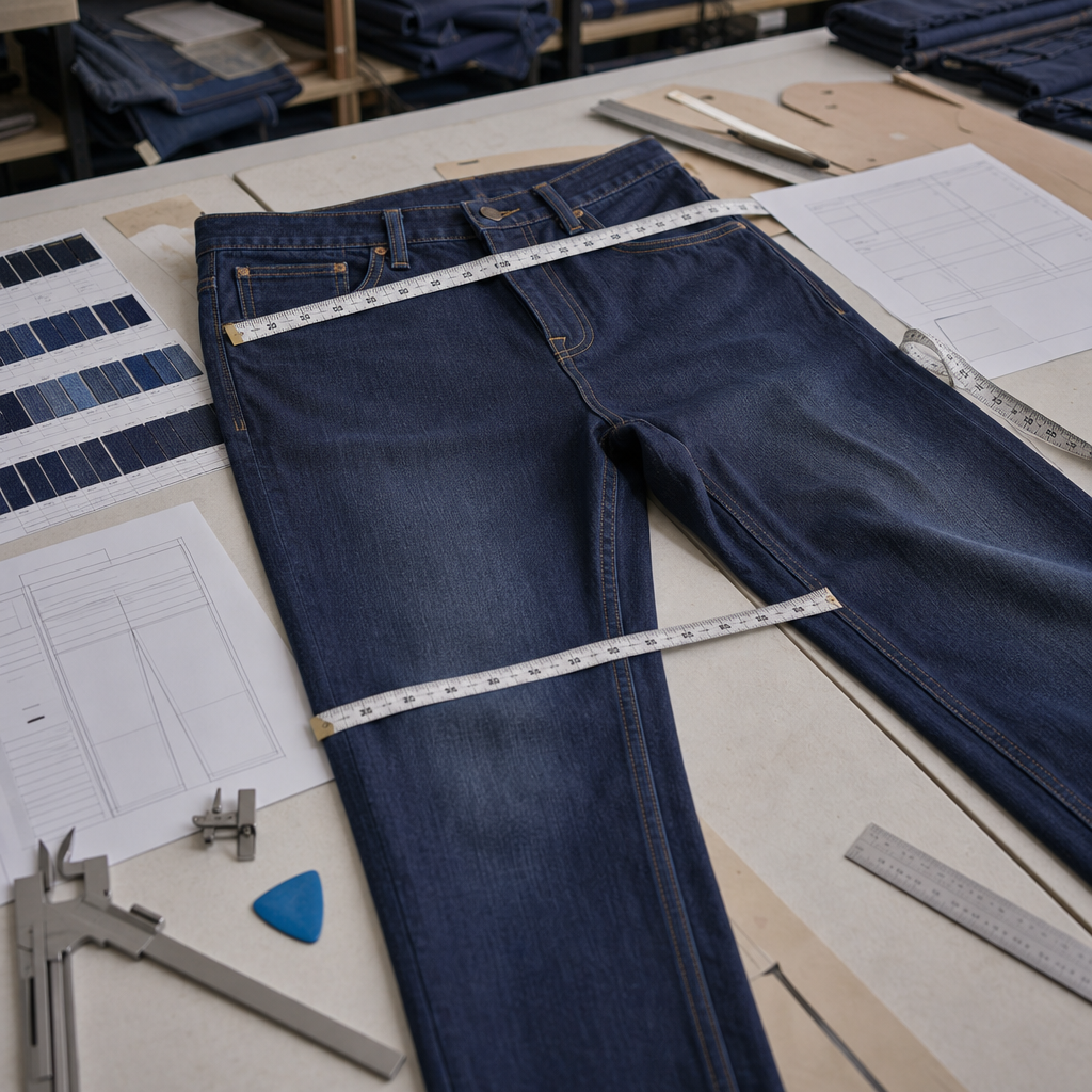 Custom jeans sample with tape measure, denim wash swatches, spec sheet, and QC tools for fit tolerance approval