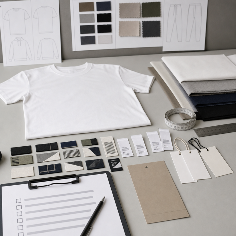 Private label garment sample with woven labels, care label mockups, hangtags, packaging card, fabric swatches, and approval checklist