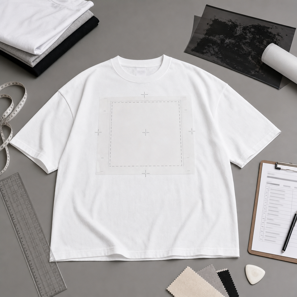 Streetwear T-shirt sample with screen print placement guide, ruler, tape measure, fabric swatches, and QC checklist