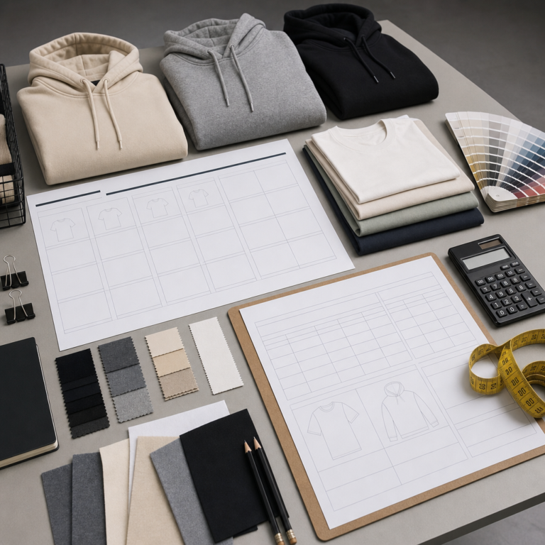Startup clothing brand SKU planning desk with blank apparel samples, fabric swatches, color cards, calculator, and measurement worksheet