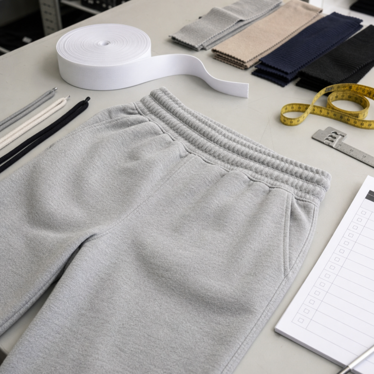 Fleece sweatpants sample, elastic, drawcords, rib swatches, tape measure, and QC checklist for waistband construction approval