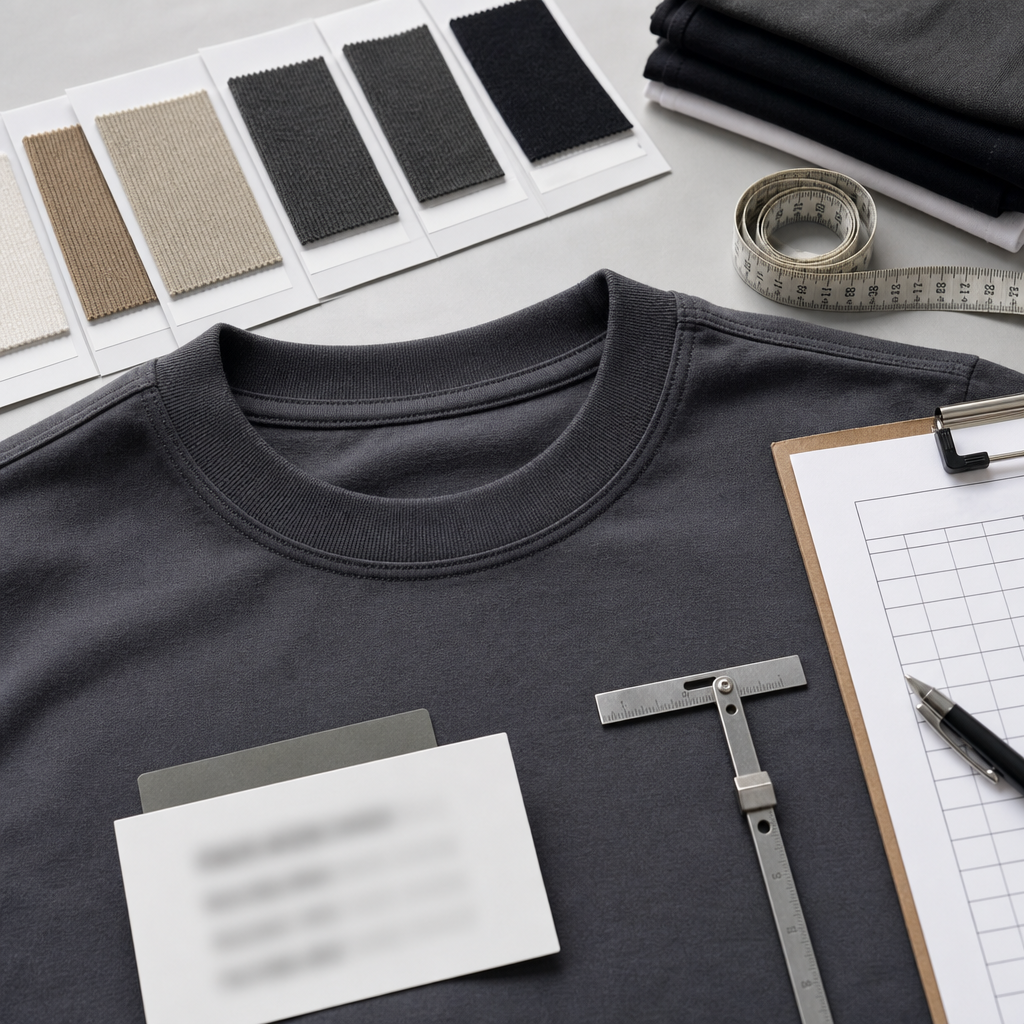Premium T-shirt sample with neck rib swatches, measuring tape, seam gauge, and QC checklist for collar approval