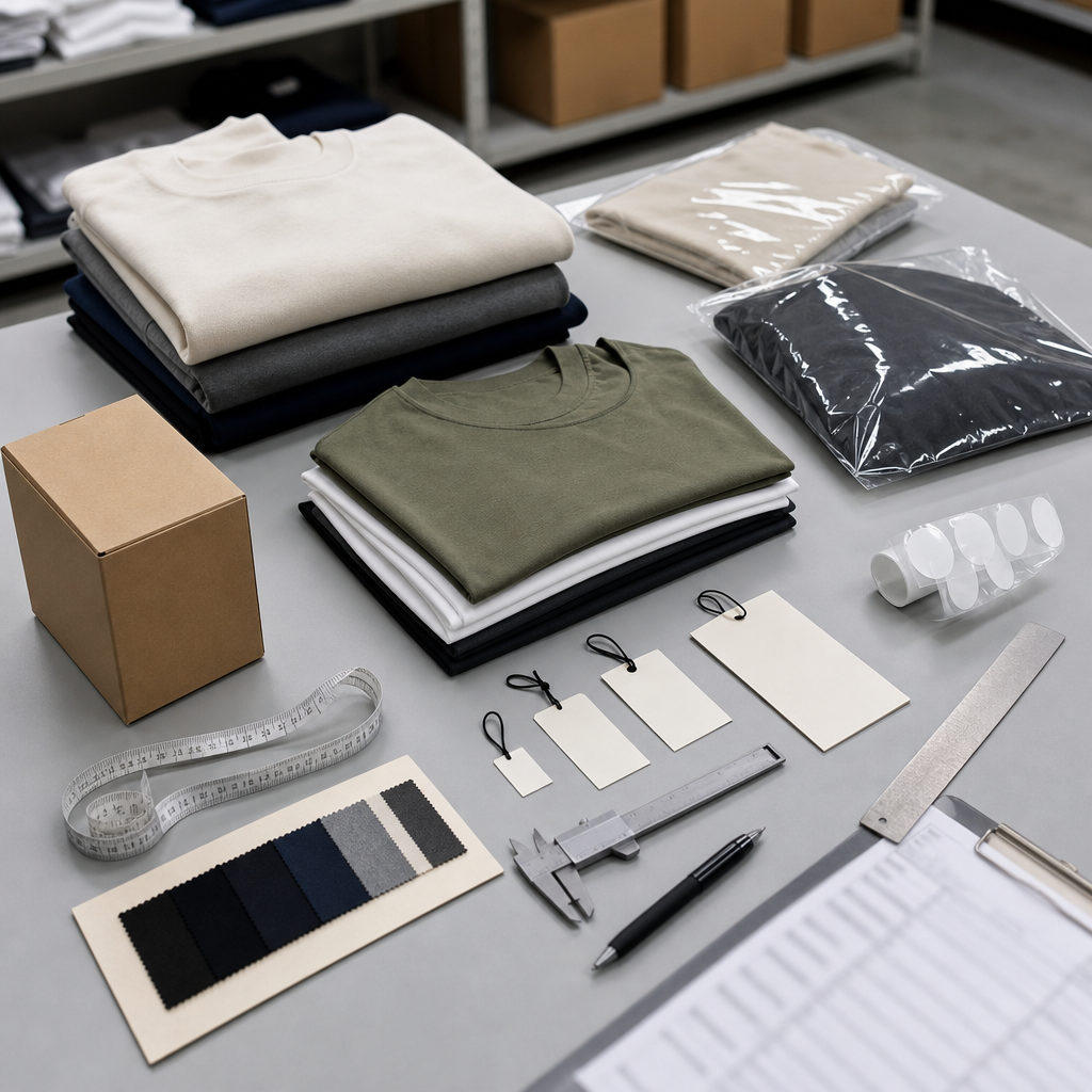 Apparel packaging approval check with folded garments, clear polybag samples, carton mockup, hangtag and size sticker samples, and non-readable packing sheet