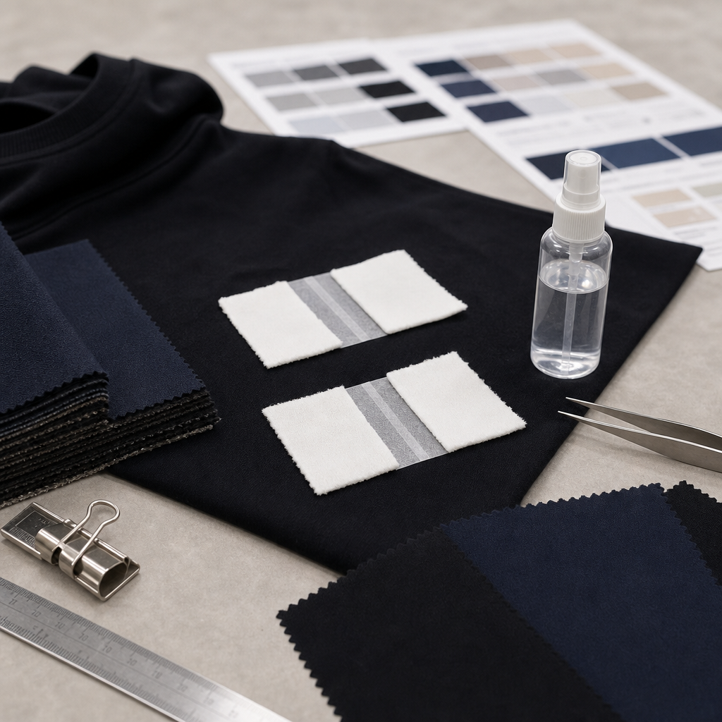 Dark streetwear fabric color crocking check with black garment panel, rubbing cloth squares, swatches, and non-readable QC sheet