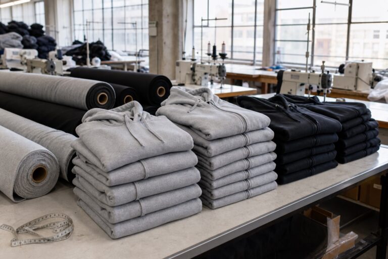 Stacks of folded grey and black custom hoodies on a cutting table in a garment factory with fabric rolls and industrial sewing machines