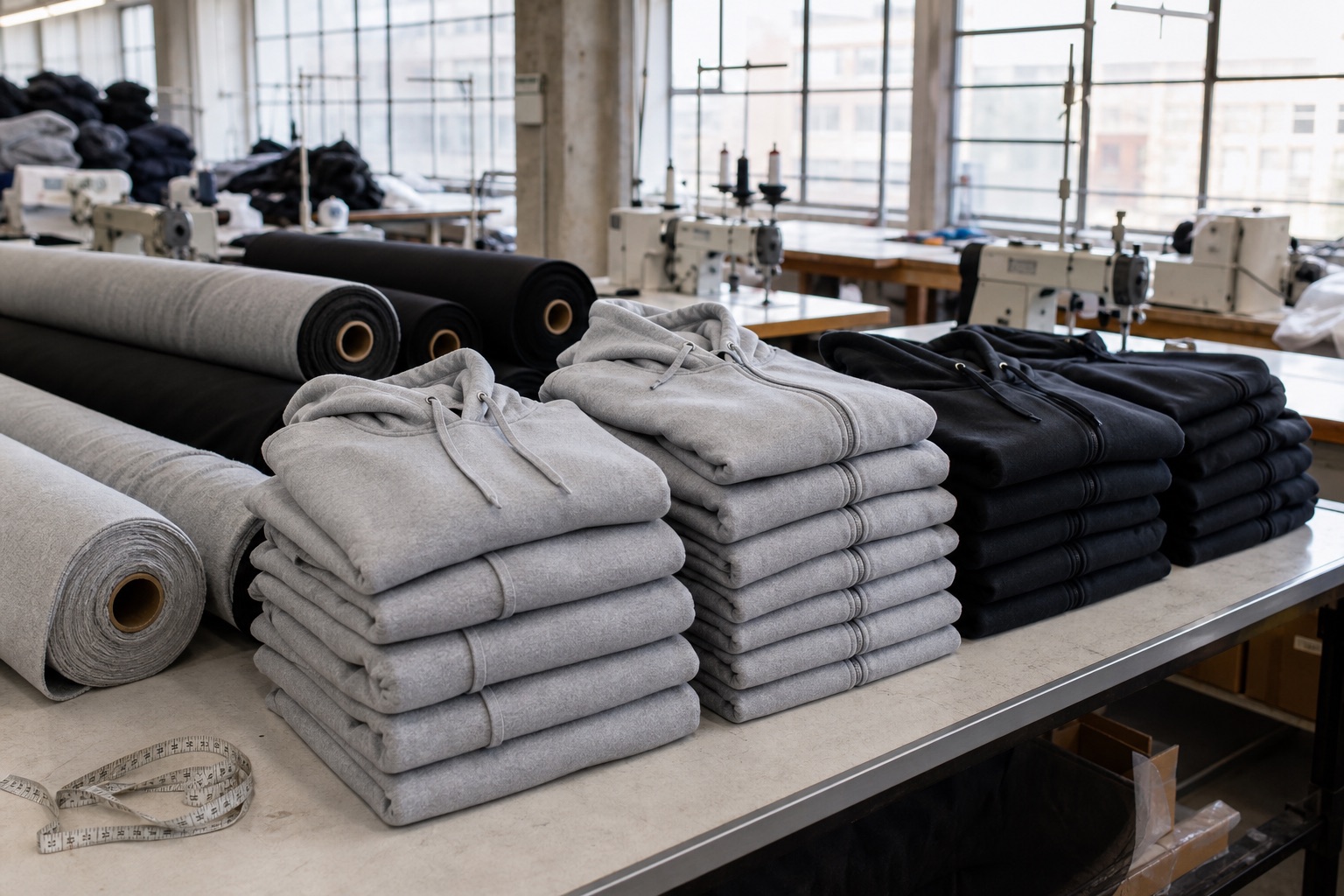 Stacks of folded grey and black custom hoodies on a cutting table in a garment factory with fabric rolls and industrial sewing machines