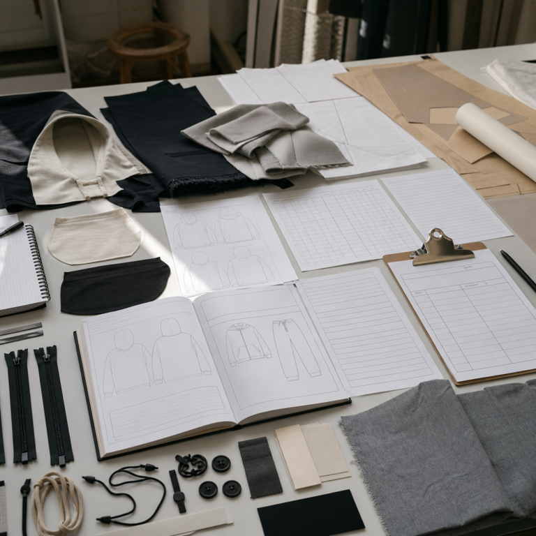 Cut and sew streetwear tech pack with garment sample fabric swatches and measurement sheet