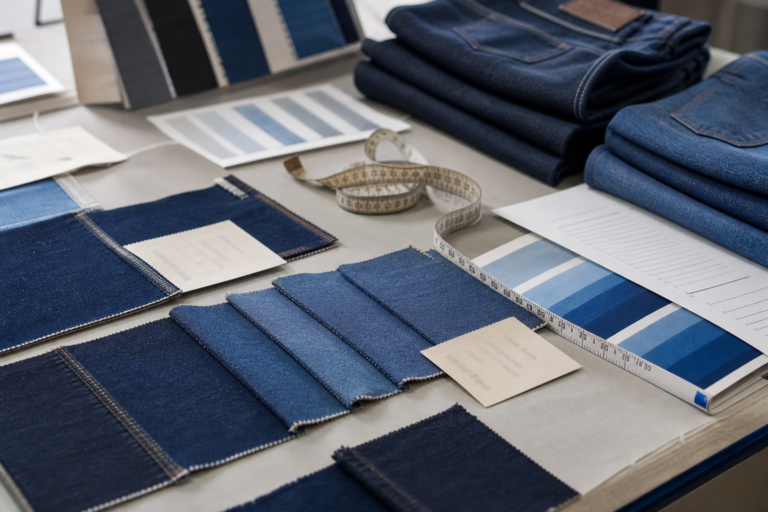 Denim fabric weight and stretch review with swatches sample jeans tape measure and wash notes