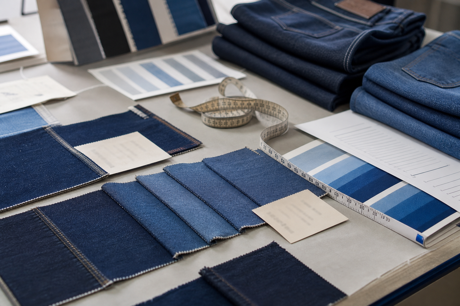 Denim fabric weight and stretch review with swatches sample jeans tape measure and wash notes