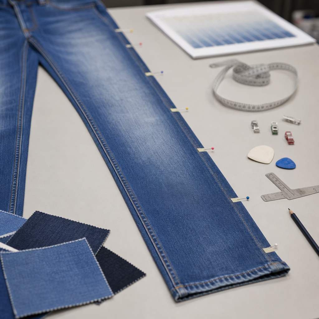 Washed denim jeans sample checked for leg twist with side seam alignment marks, measuring tape, denim swatches, and non-readable wash standard card