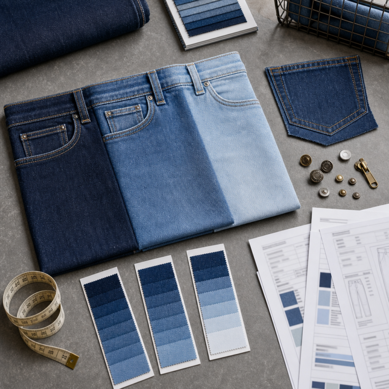 Denim jeans samples in multiple wash shades with shade band swatches, pocket sample, hardware trims, tape measure, and non-readable wash approval sheets