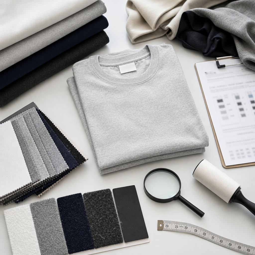 Premium basics fabric swatches and garment samples with pilling comparison, magnifier, measuring tools, and non-readable fabric test sheet