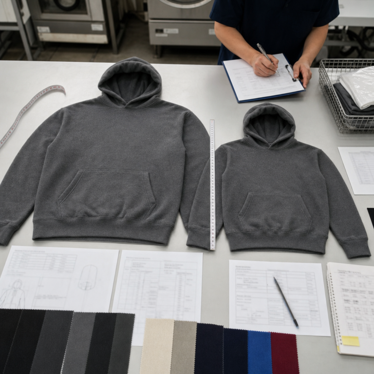 Fleece hoodie shrinkage wash test with before and after sample measurements
