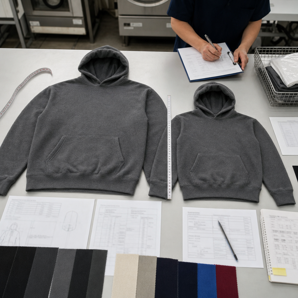 Fleece hoodie shrinkage wash test with before and after sample measurements