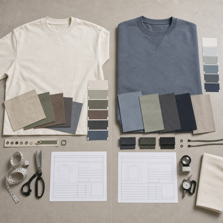 Garment dye and piece dye comparison with blank apparel samples, dyed fabric swatches, color cards, trims, and QC tools
