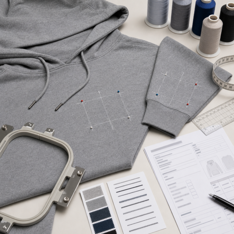 Hoodie sample with embroidery placement marks, thread cones, hooping frame, ruler, tape measure, stitch swatches, and approval sheet