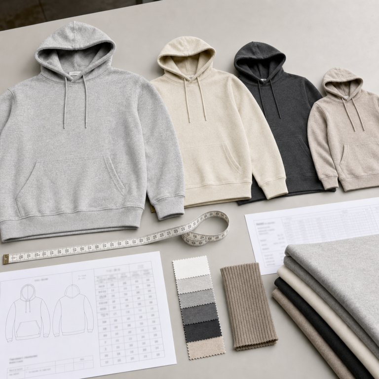Hoodie size grading approval desk with sample measurements and QC notes