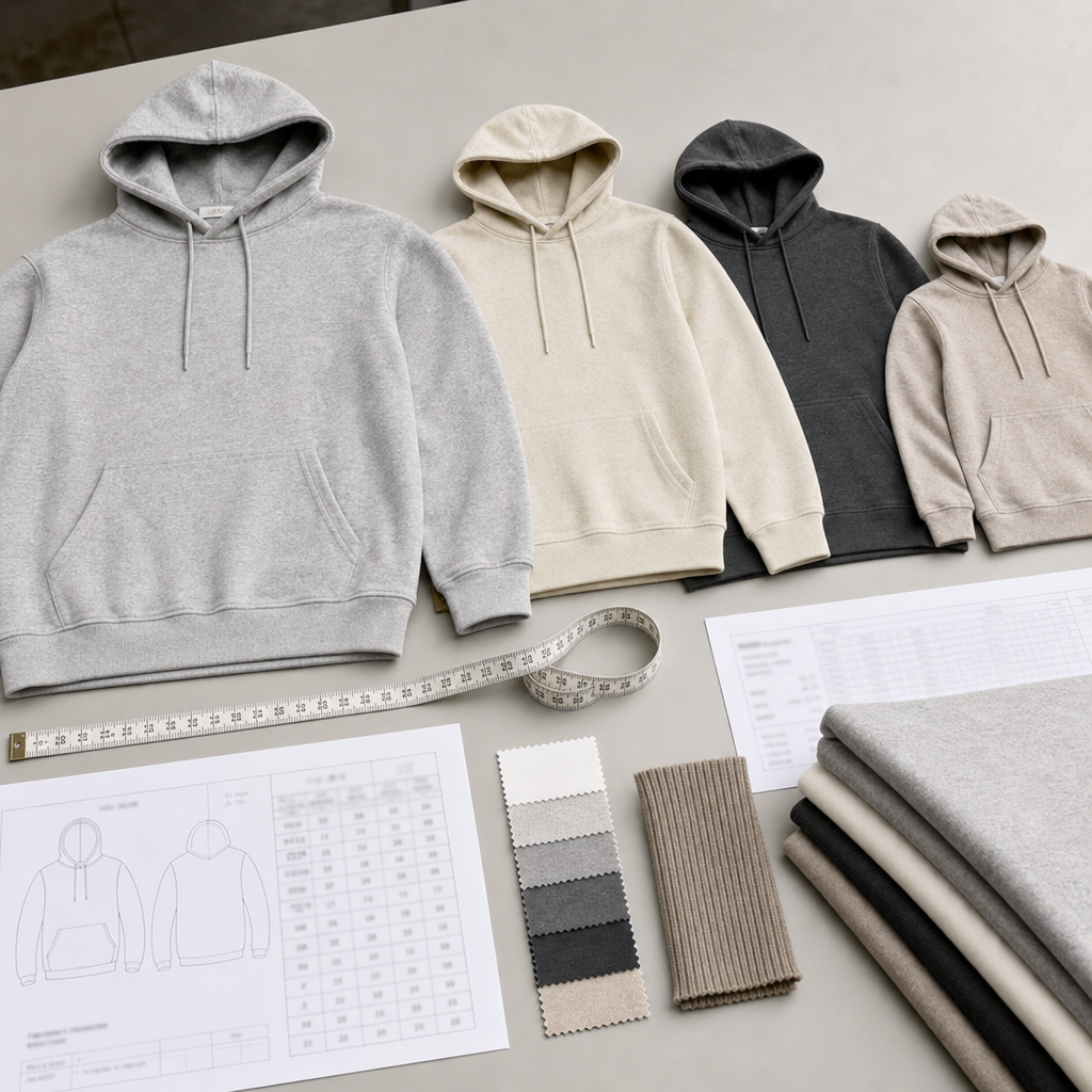 Hoodie size grading approval desk with sample measurements and QC notes