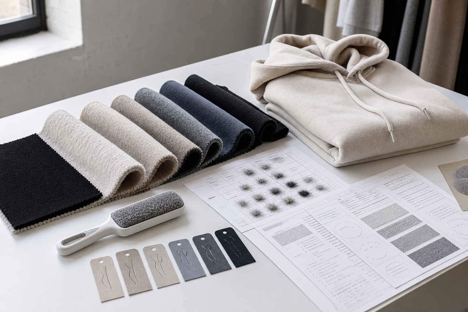 Brushed fleece hoodie handfeel test with fabric swatches sample hoodie lint brush and QC notes