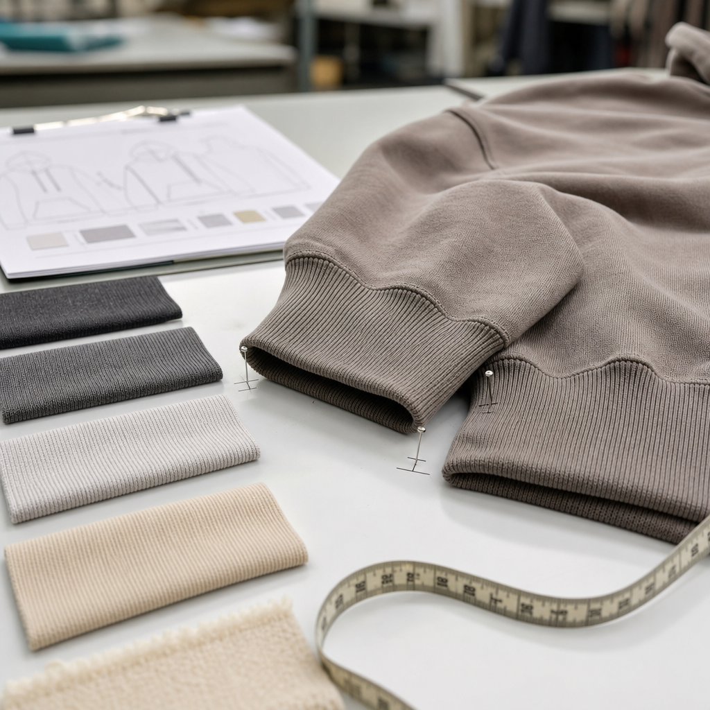 Hoodie rib cuffs and bottom hem quality check with fabric swatches, measuring tape, sample panel, and non-readable approval sheet