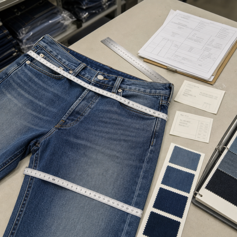 After-wash jeans measurement approval with denim sample and spec sheet
