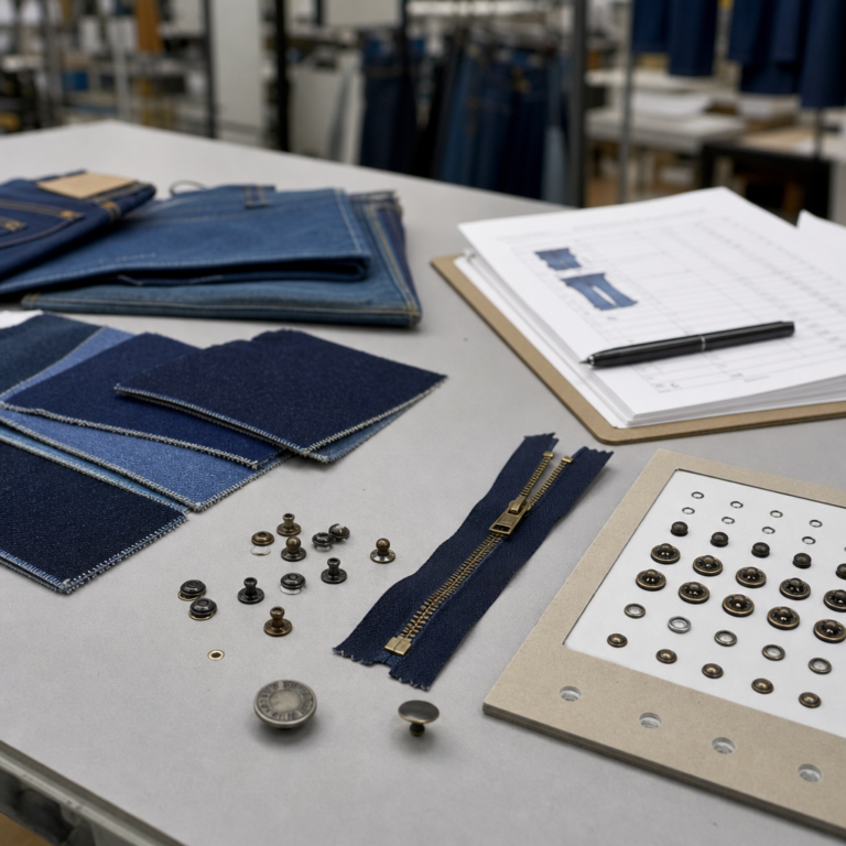 Jeans hardware approval with rivets buttons zipper and denim sample