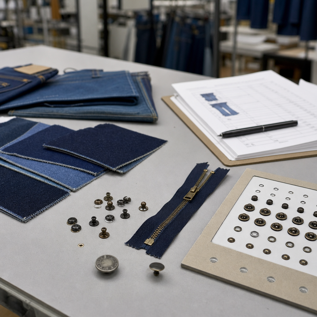 Jeans hardware approval with rivets buttons zipper and denim sample