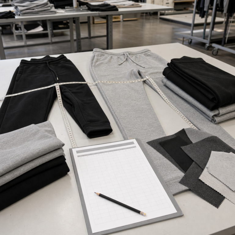 Jogger sample measurement review for rise seat and inseam approval before low MOQ production