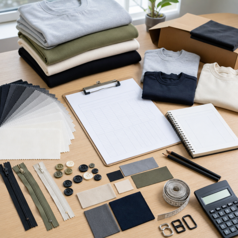 Low MOQ clothing quote comparison notes with garment samples, swatches, and costing checklist