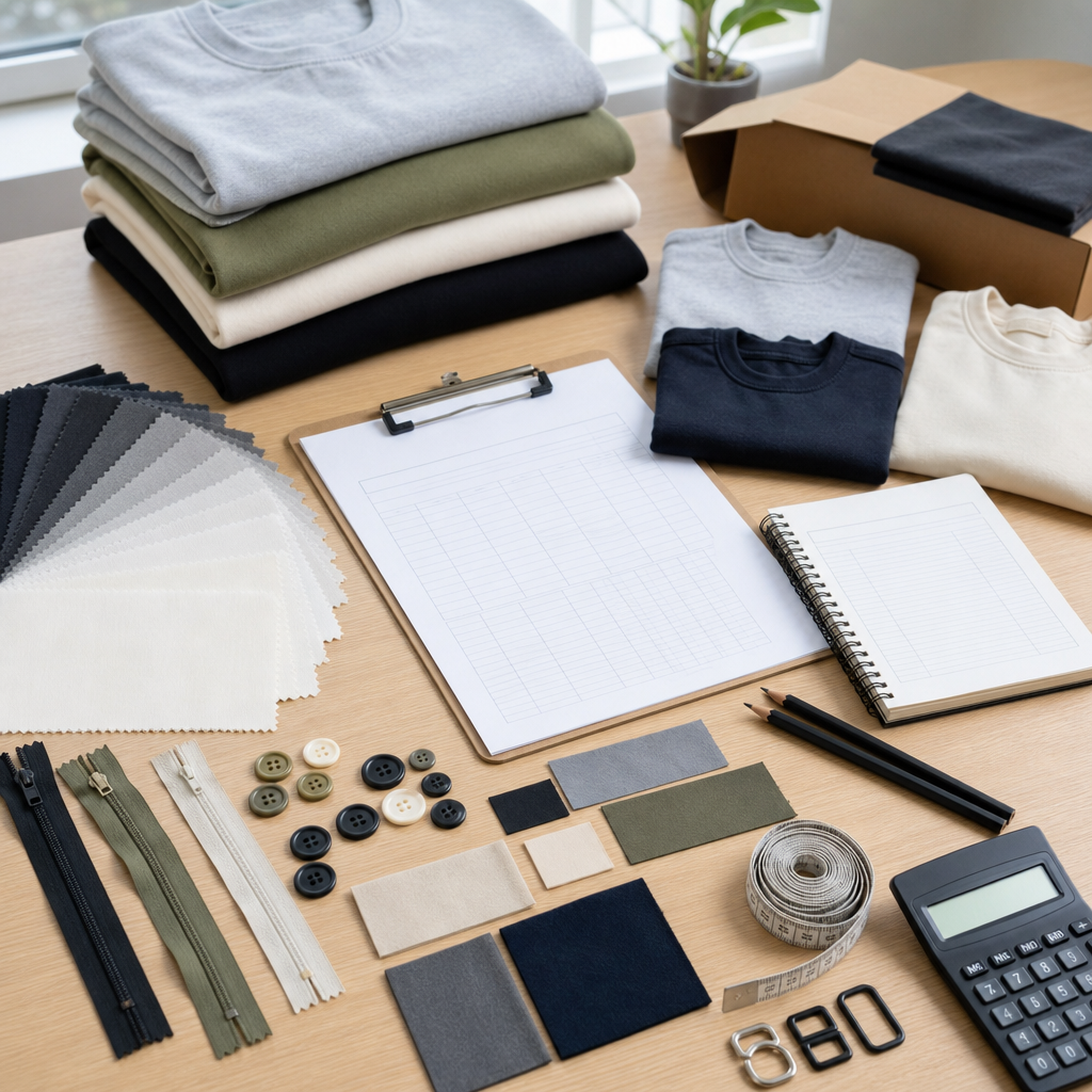 Low MOQ clothing quote comparison notes with garment samples, swatches, and costing checklist