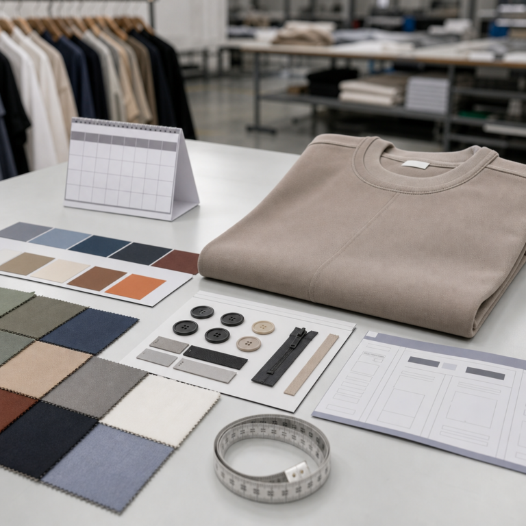 Low MOQ clothing reorder planning desk with approved garment sample, fabric swatches, trim card, color standards, measuring tape, and non-readable planning sheet