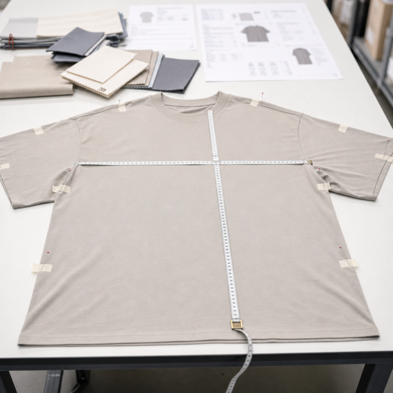 Oversized T-shirt fit balance check with sample laid flat, measuring tape, sleeve and body alignment markers, fabric swatches, and non-readable spec sheet
