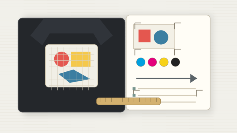 Print artwork file readiness review with streetwear T-shirt panel color swatches placement arrow ruler and QC checklist