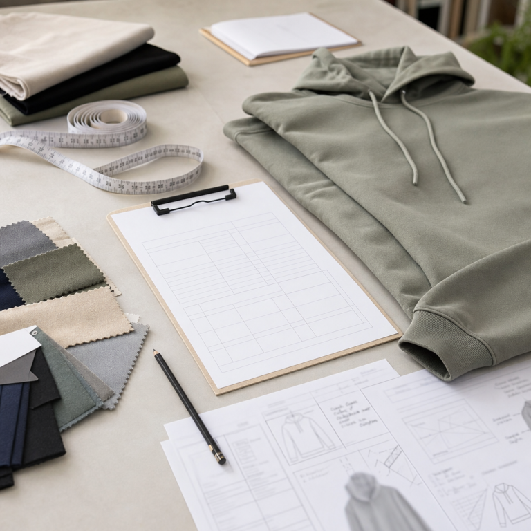 Private label clothing size spec sheet with sample garment and measuring tape before sampling