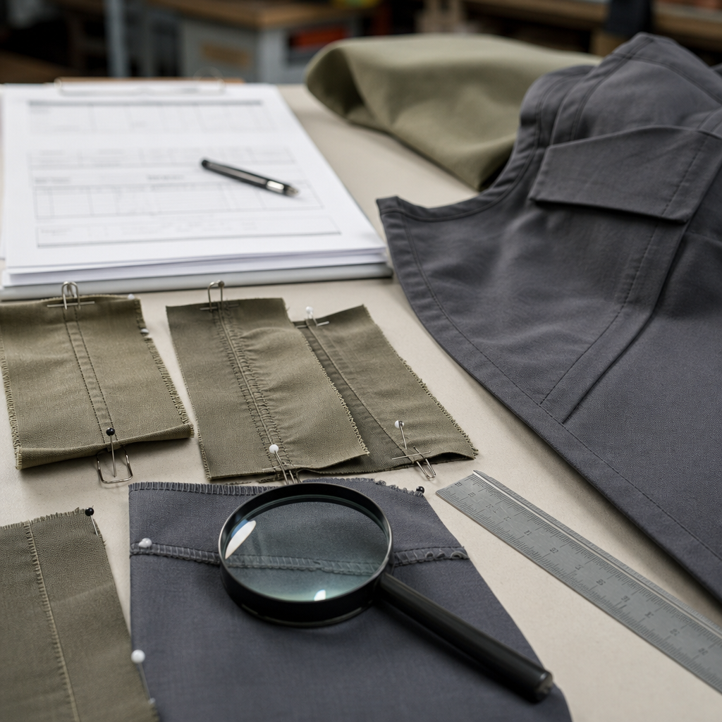 Woven apparel seam slippage check with seam samples under light tension, fabric panels, ruler, pins, and non-readable inspection sheet