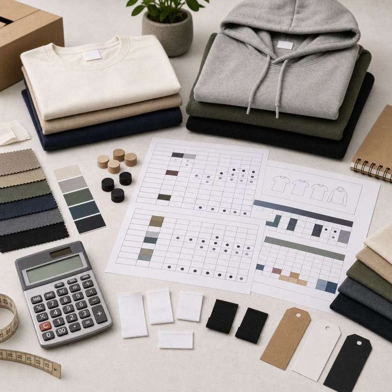 Startup clothing size break planning desk with folded garments, size labels, calculator, fabric swatches, color chips, and non-readable planning sheets
