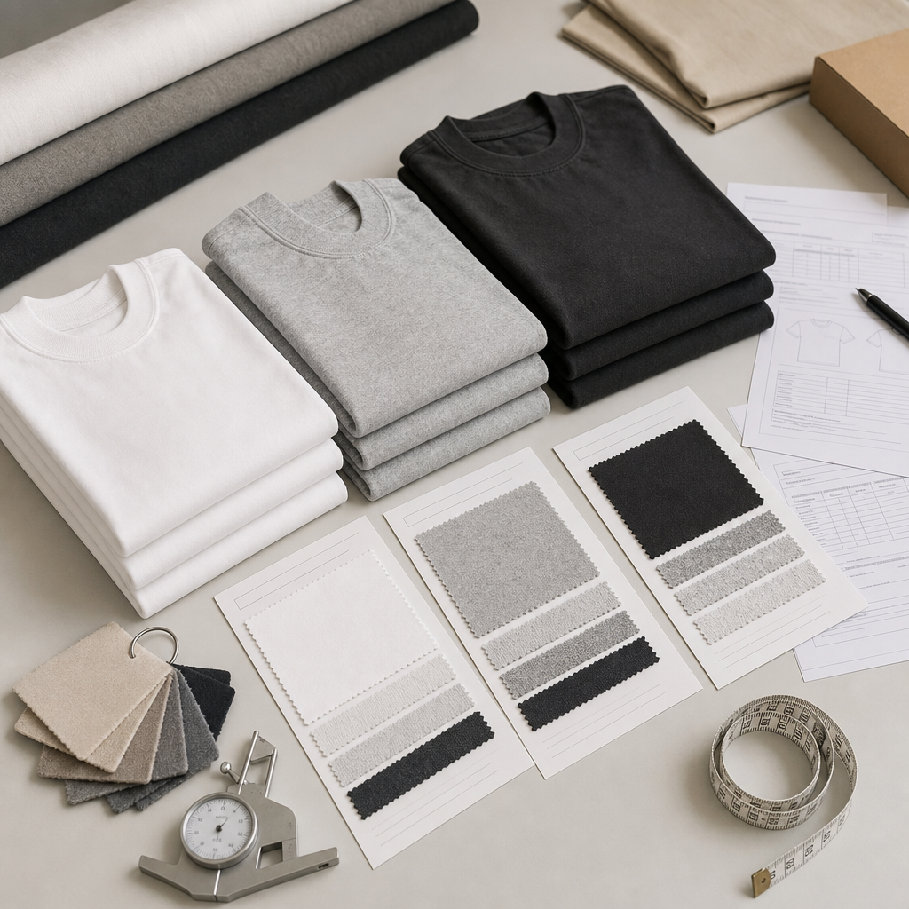 Folded T-shirt samples in different fabric weights with GSM swatches, measuring tools, tape measure, and non-readable spec sheets