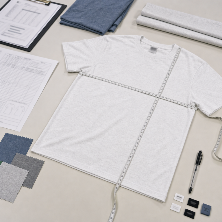 T-shirt measurement tolerance review with spec sheet and sample on QC table