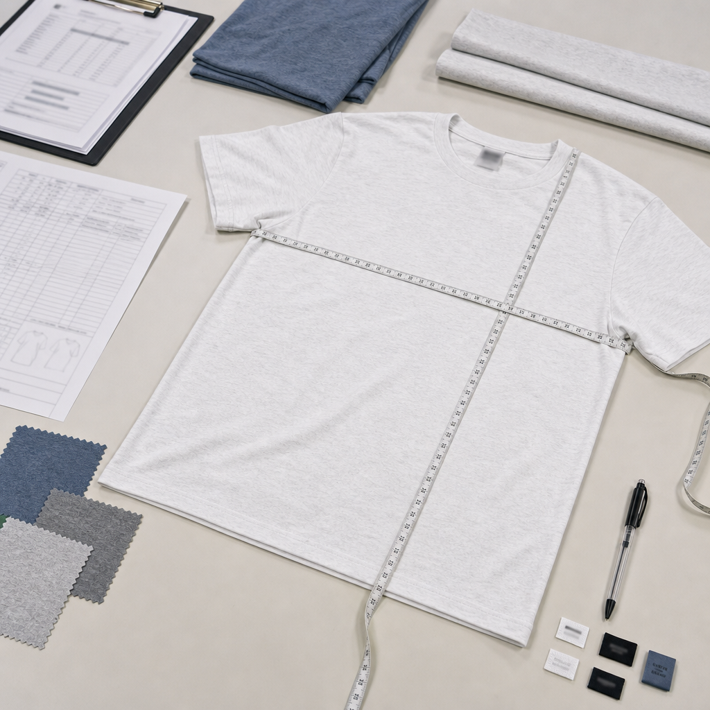 T-shirt measurement tolerance review with spec sheet and sample on QC table