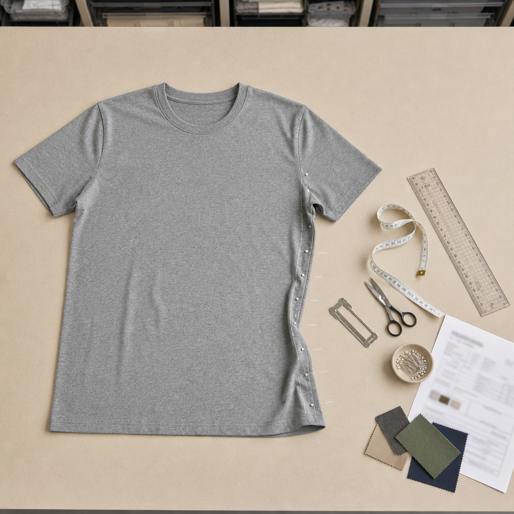 T-shirt sample with side seam twist marks, tape measure, ruler, fabric swatches, and QC notes on a garment inspection table