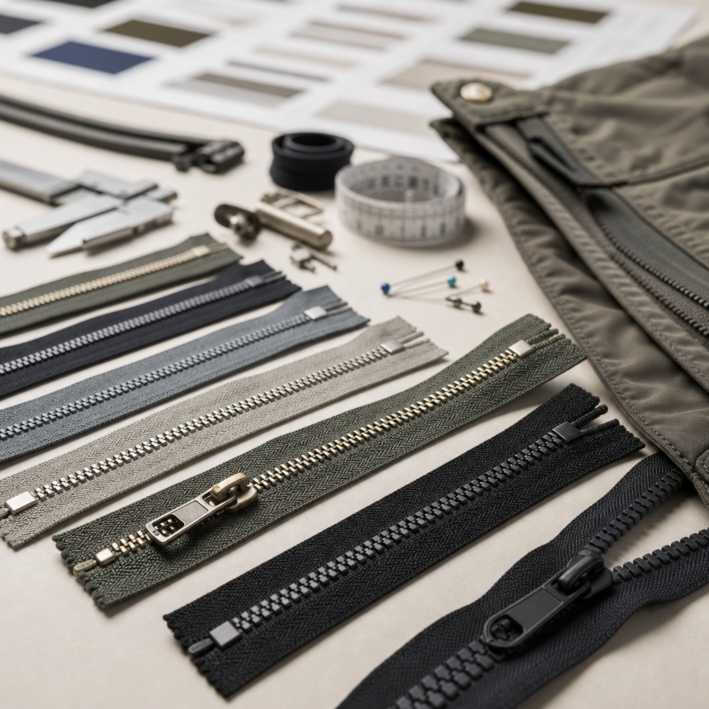 Garment zipper quality check with zipper samples, jacket and pants fabric panel, measuring tape, pins, and non-readable trim approval sheet