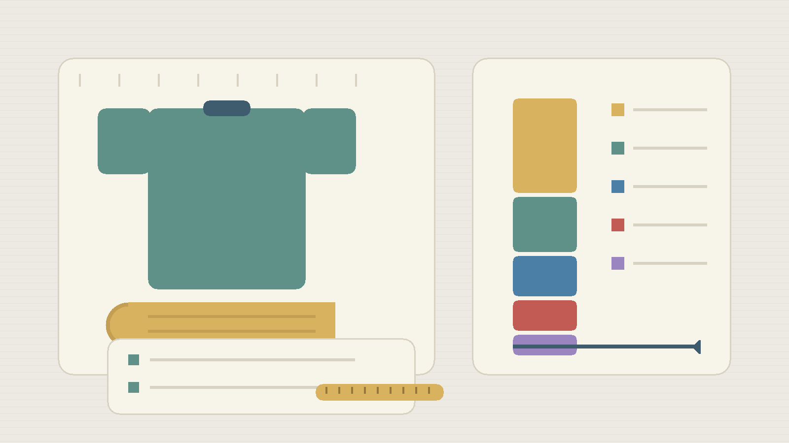 T-shirt manufacturing cost breakdown illustration with tee outline fabric roll stacked cost bar segments and quality checklist for low MOQ production