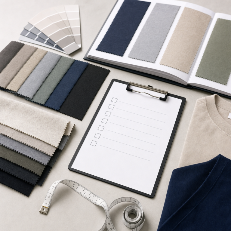 Fabric shade band approval desk with labeled neutral and navy swatches color reference book checklist and garments before cutting