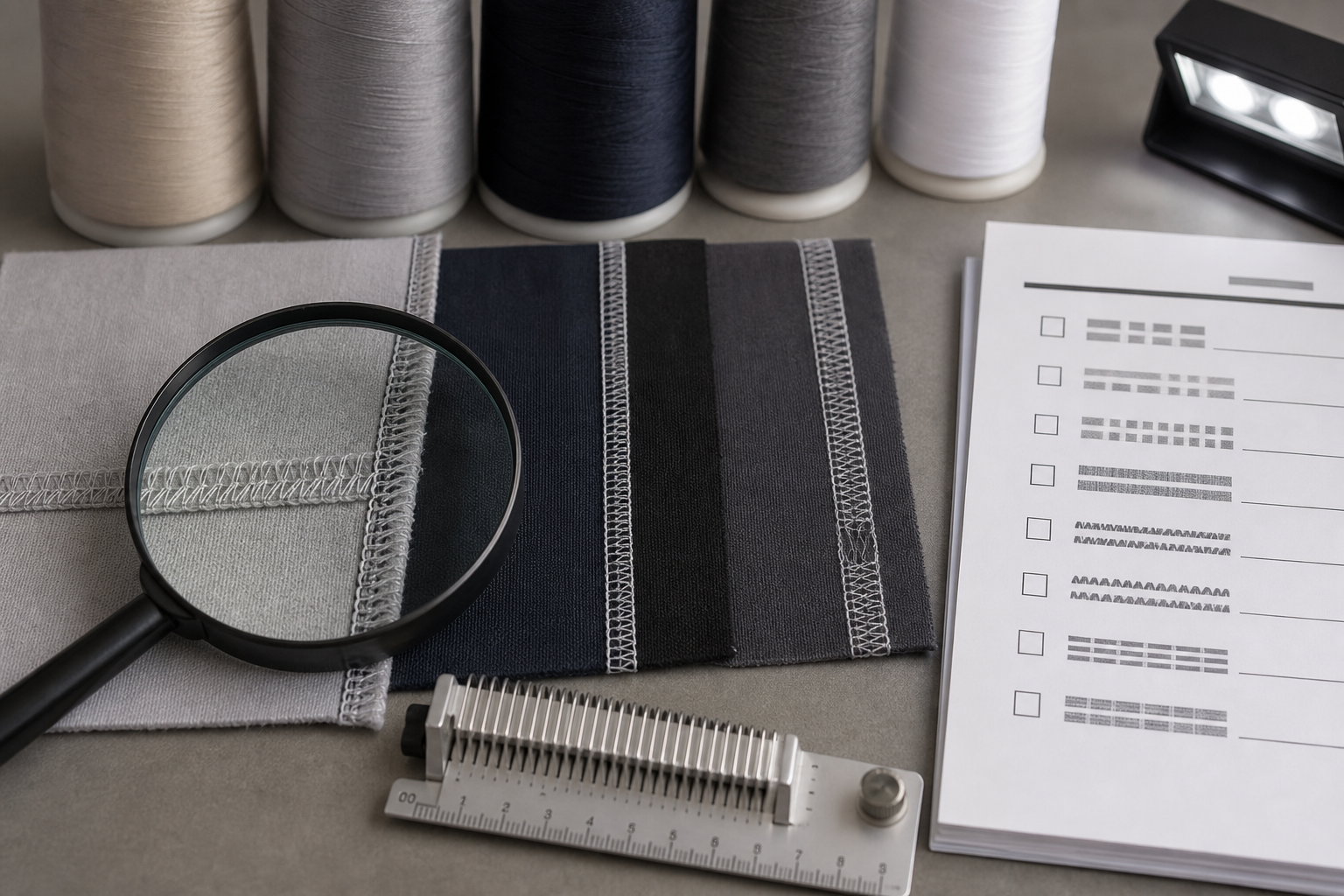 Loose thread trimming QC check on garment seams with scissors ruler and inspection notes before low MOQ packing